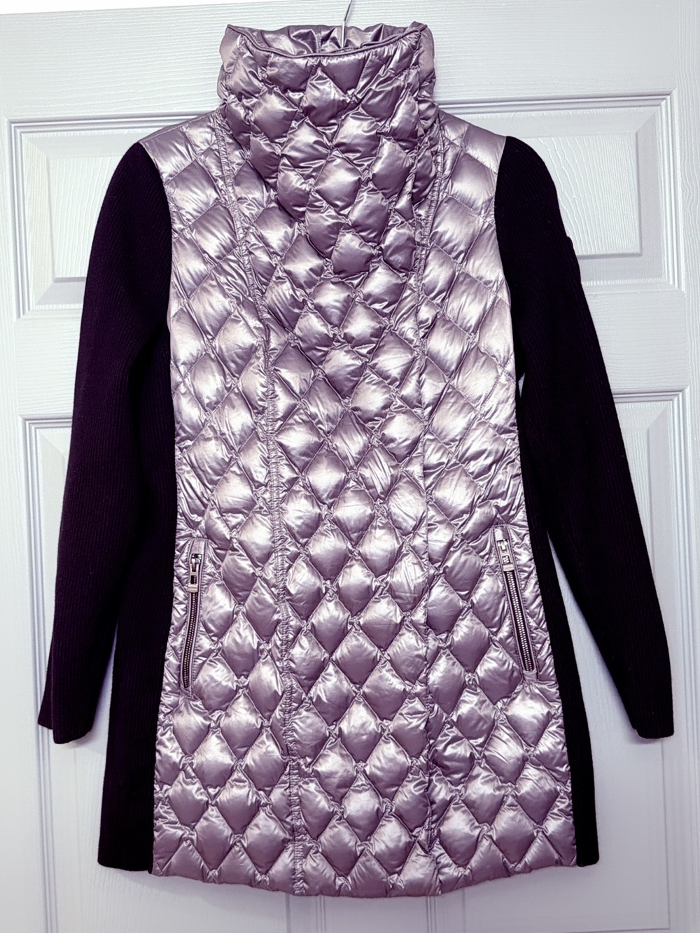 Calvin Klein Metallic Quilted Down Coat with Black Knit Sleeves